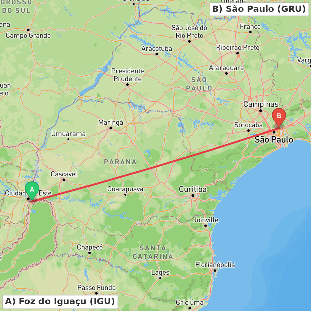 Flight route map from Foz do Iguaçu to São Paulo