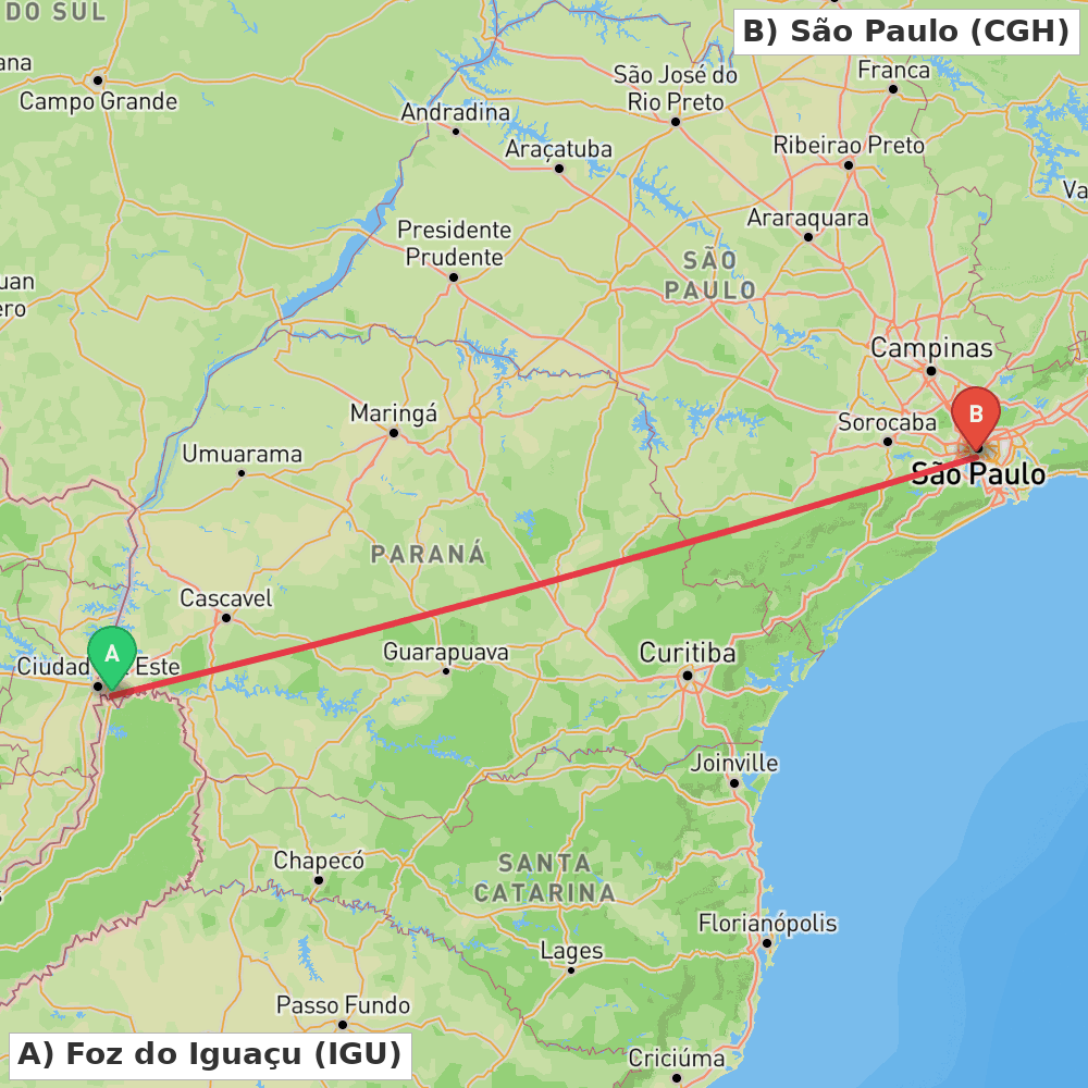Flight route map from Foz do Iguaçu to São Paulo