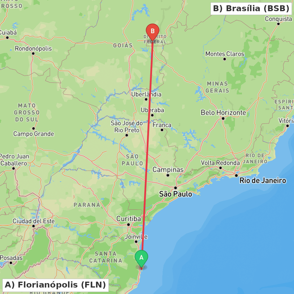 Flight route map from Florianópolis to Brasília
