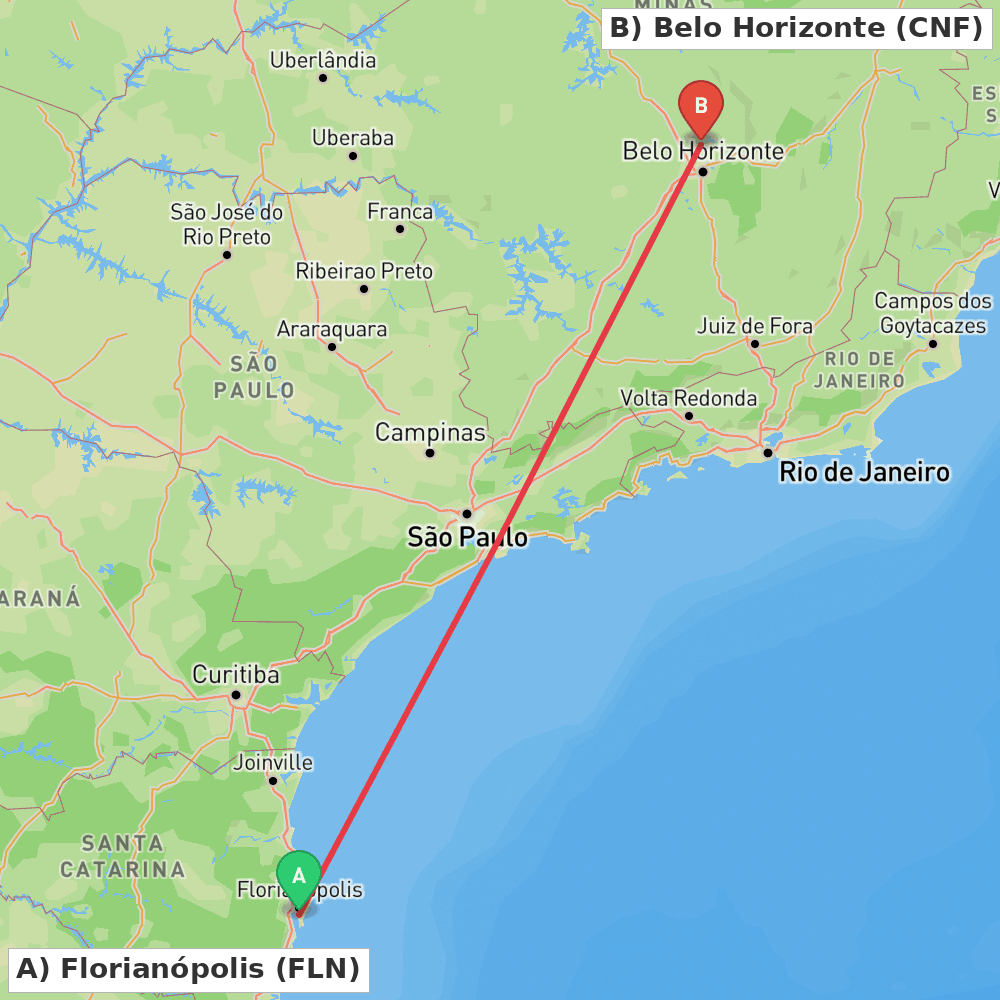 Flight route map from Florianópolis to Belo Horizonte