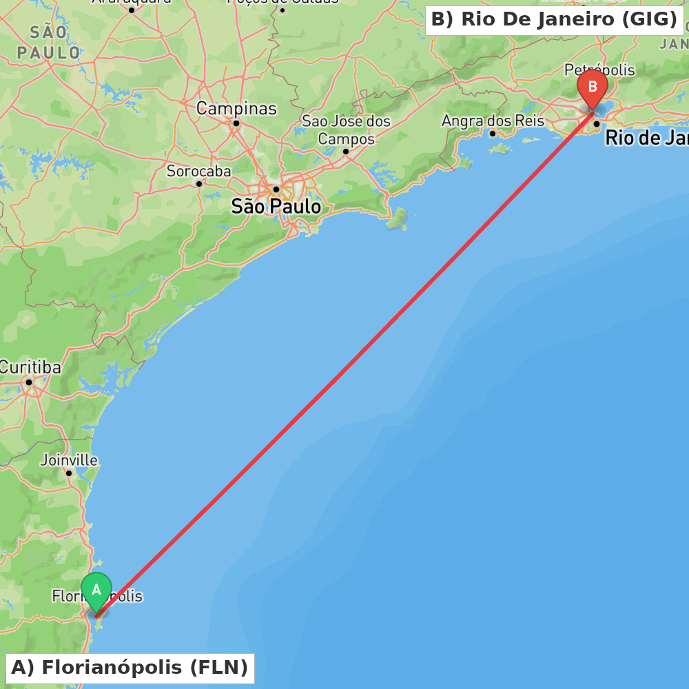 Flight route map from Florianópolis to Rio De Janeiro