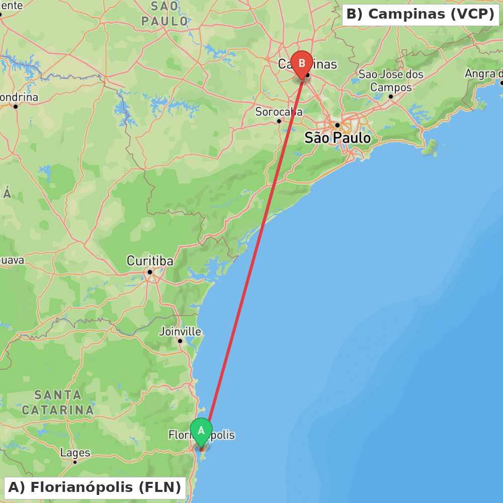 Flight route map from Florianópolis to Campinas