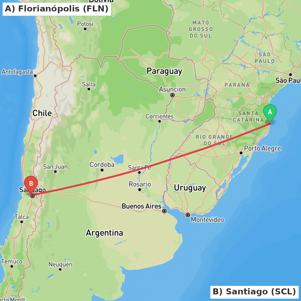 Flight route map from Florianópolis to Santiago