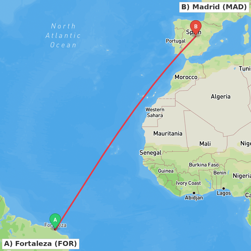 Flight route map from Fortaleza to Madrid