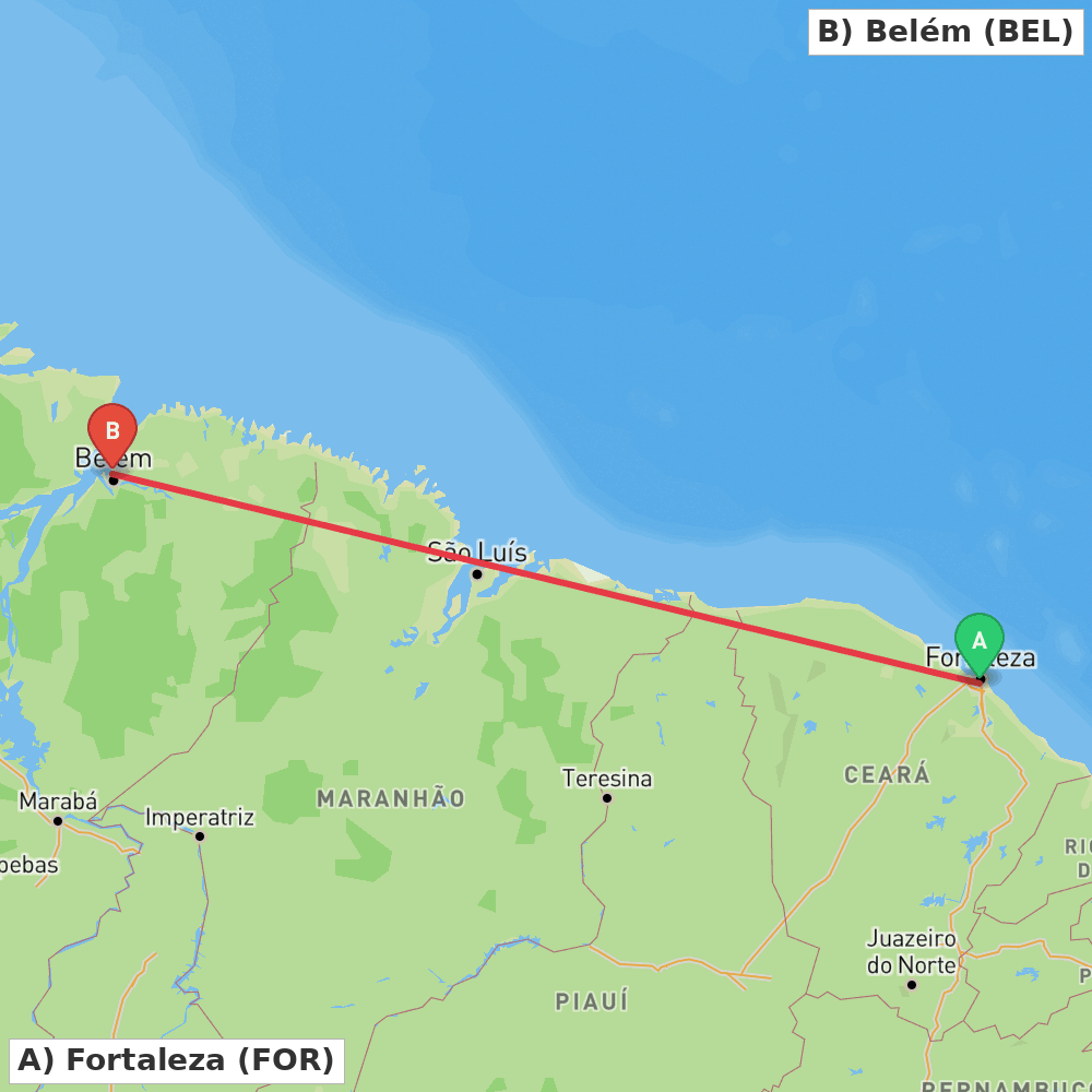 Flight route map from Fortaleza to Belém