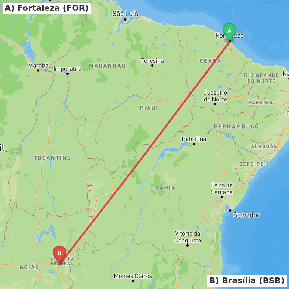 Flight route map from Fortaleza to Brasília