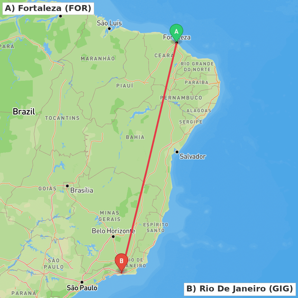 Flight route map from Fortaleza to Rio De Janeiro
