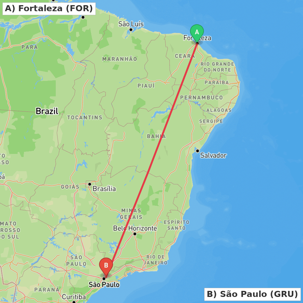 Flight route map from Fortaleza to São Paulo
