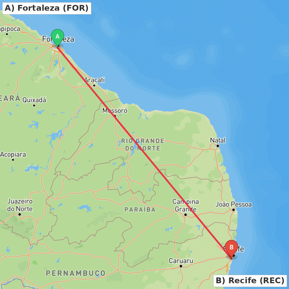 Flight route map from Fortaleza to Recife