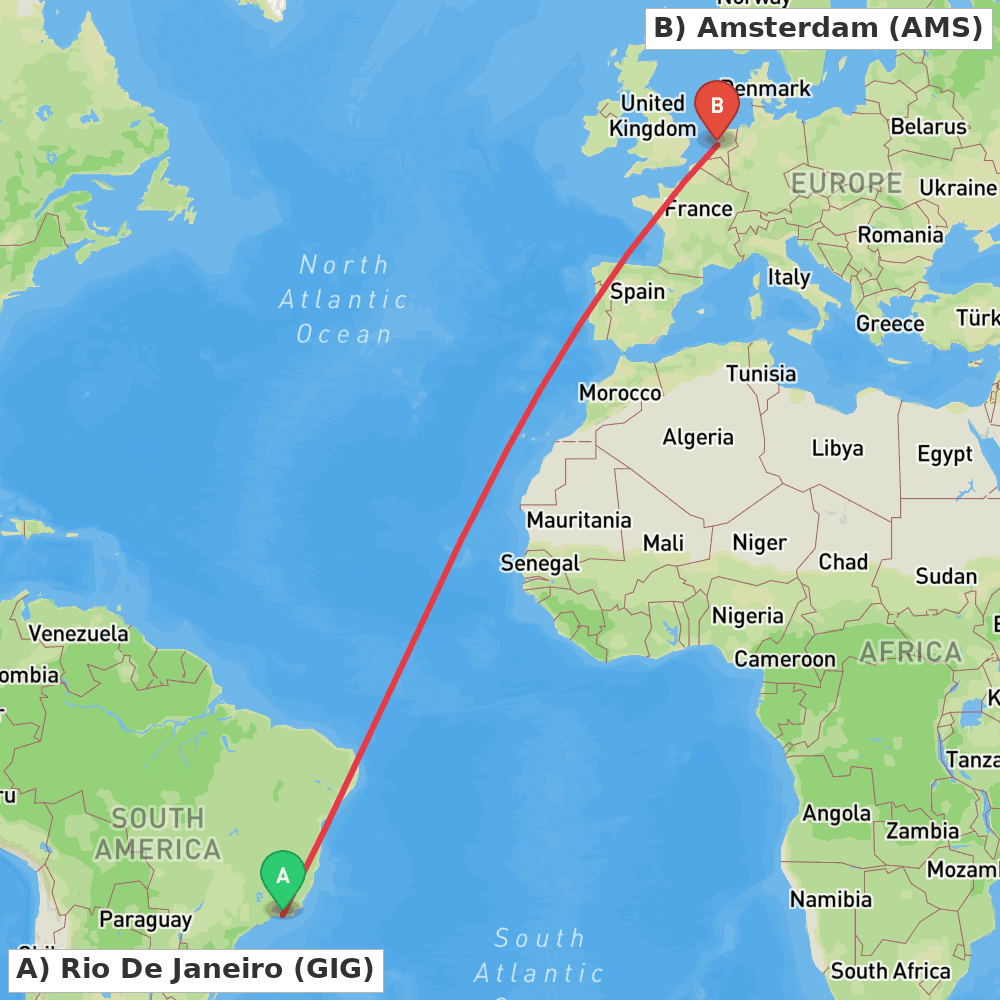 Flight route map from Rio De Janeiro to Amsterdam