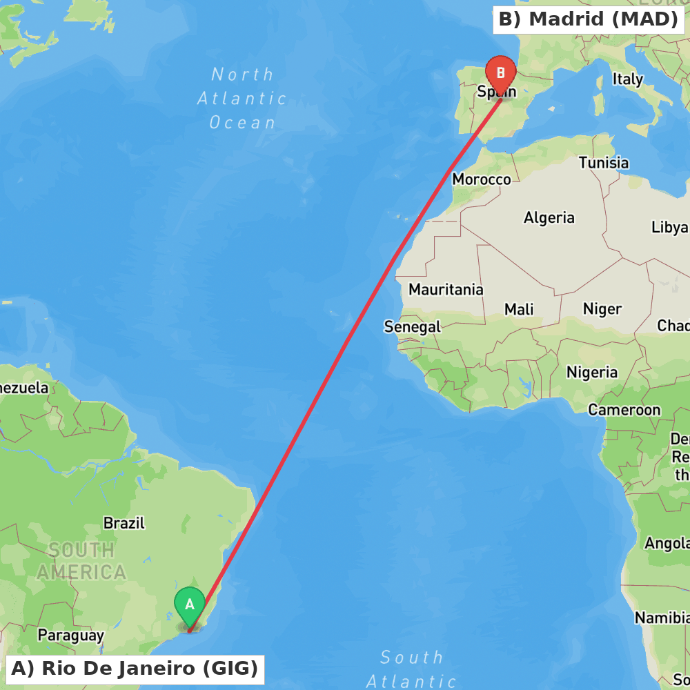 Flight route map from Rio De Janeiro to Madrid