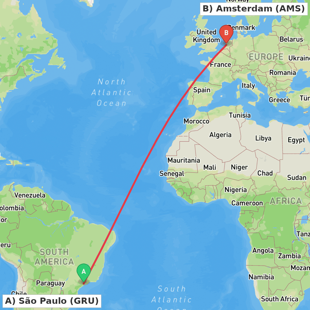 Flight route map from São Paulo to Amsterdam