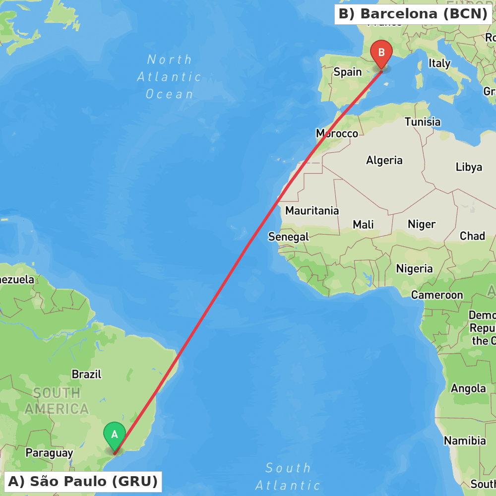 Flight route map from São Paulo to Barcelona