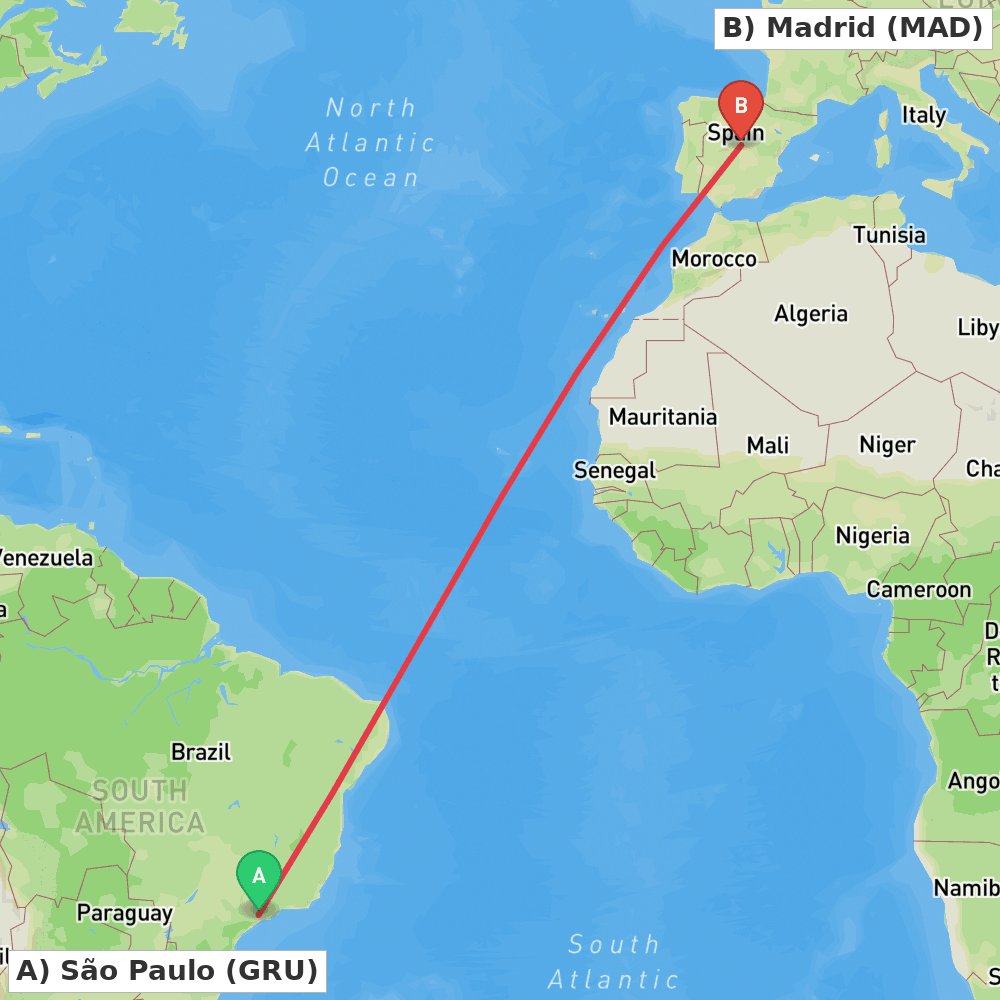 Flight route map from São Paulo to Madrid