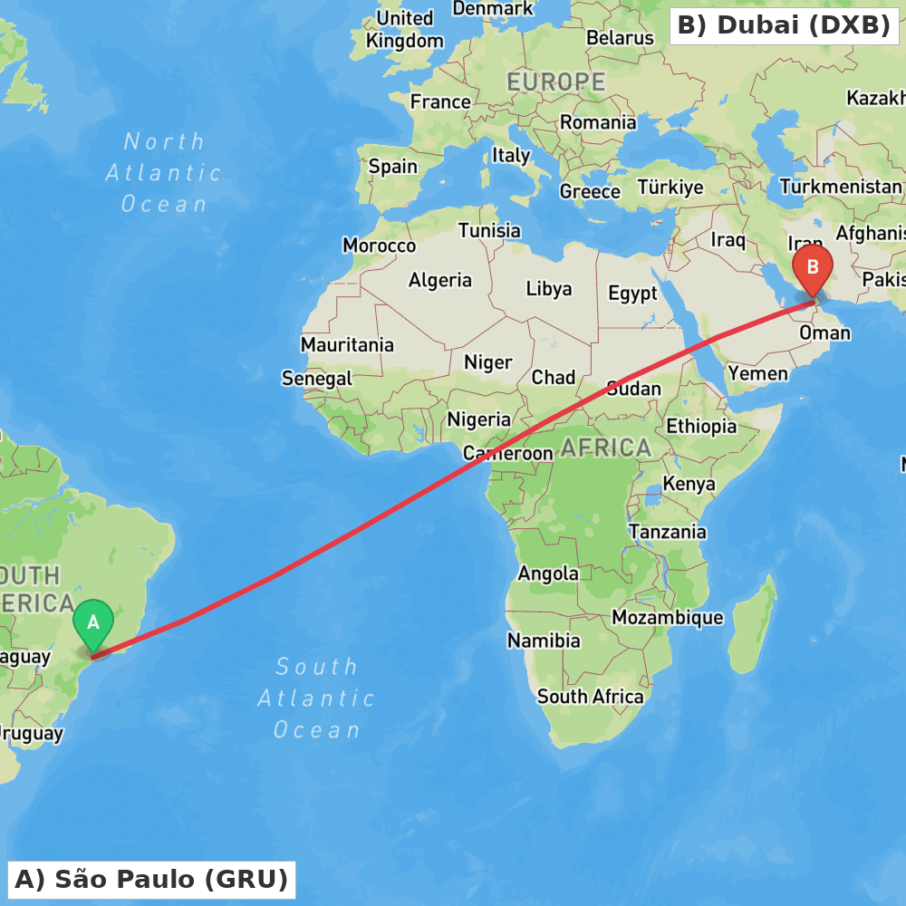 Flight route map from São Paulo to Dubai