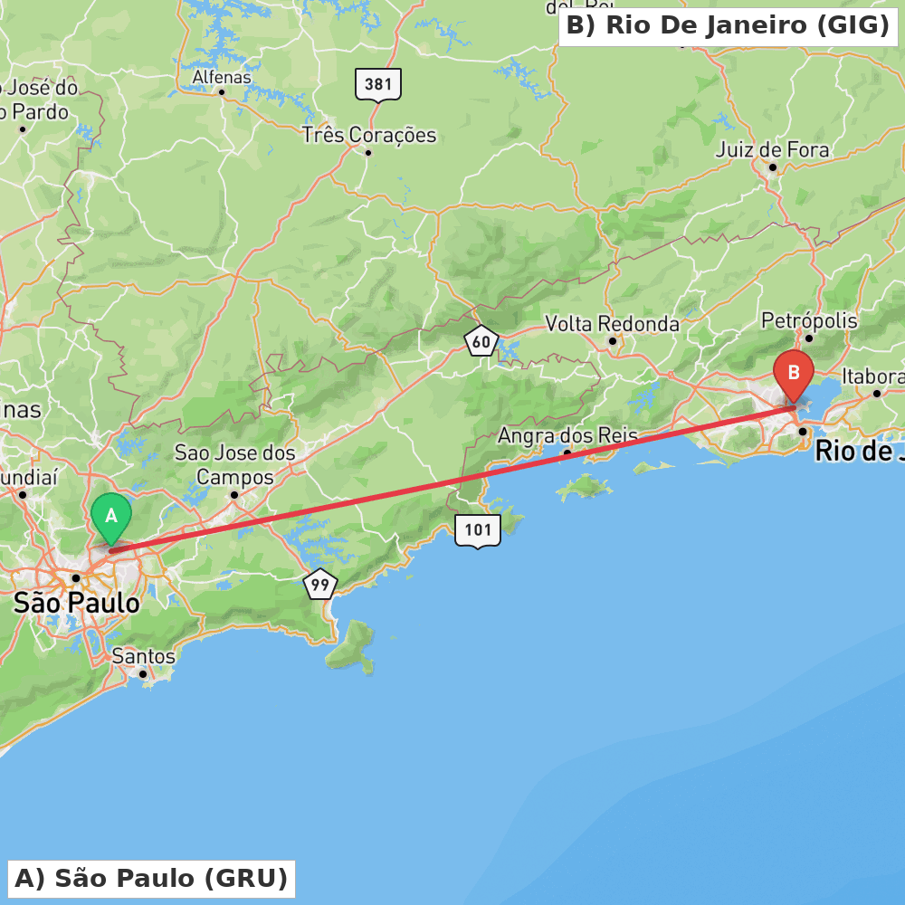Flight route map from São Paulo to Rio De Janeiro