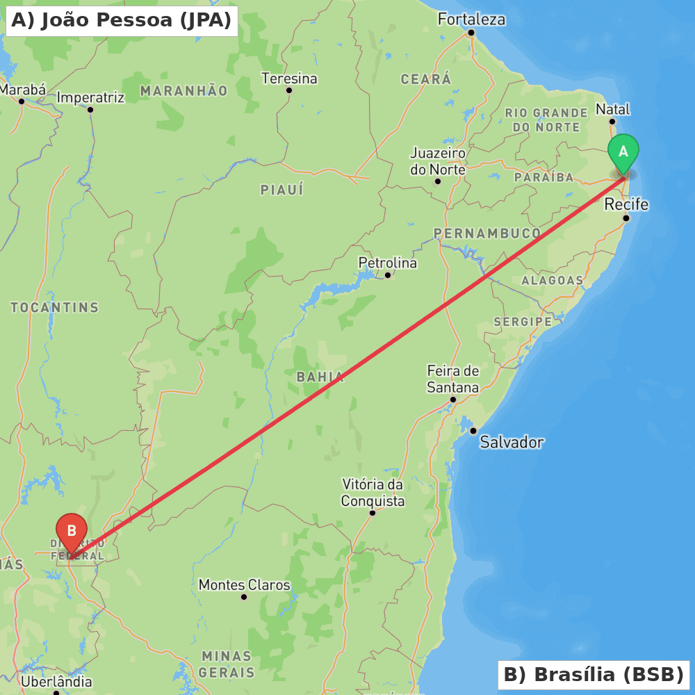 Flight route map from João Pessoa to Brasília