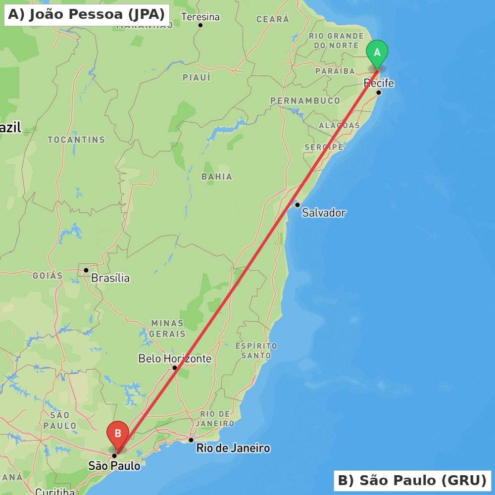 Flight route map from João Pessoa to São Paulo