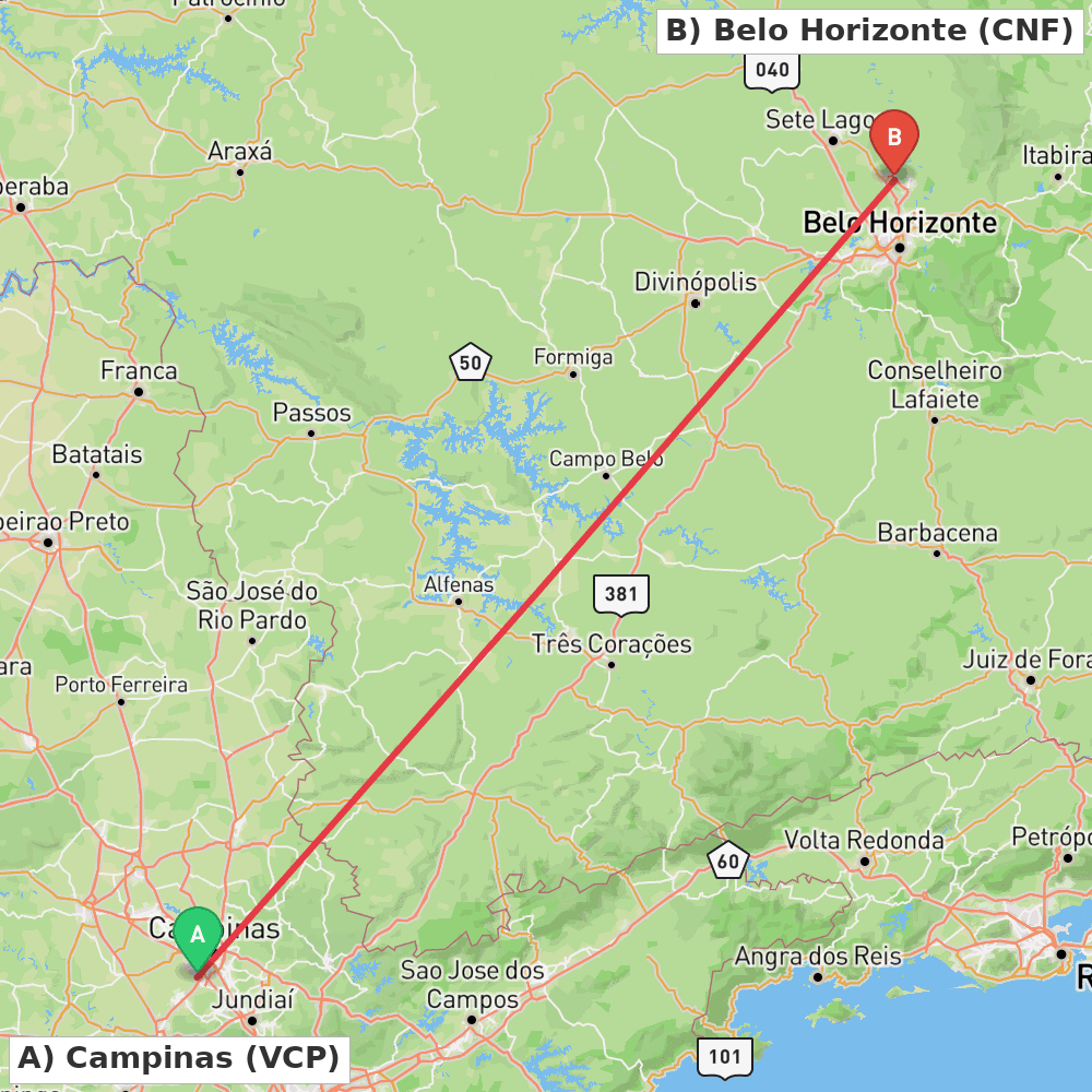 Flight route map from Campinas to Belo Horizonte