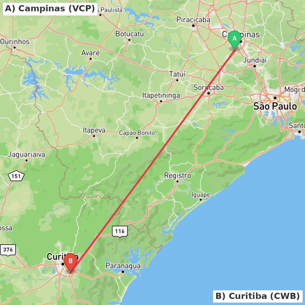 Flight route map from Campinas to Curitiba