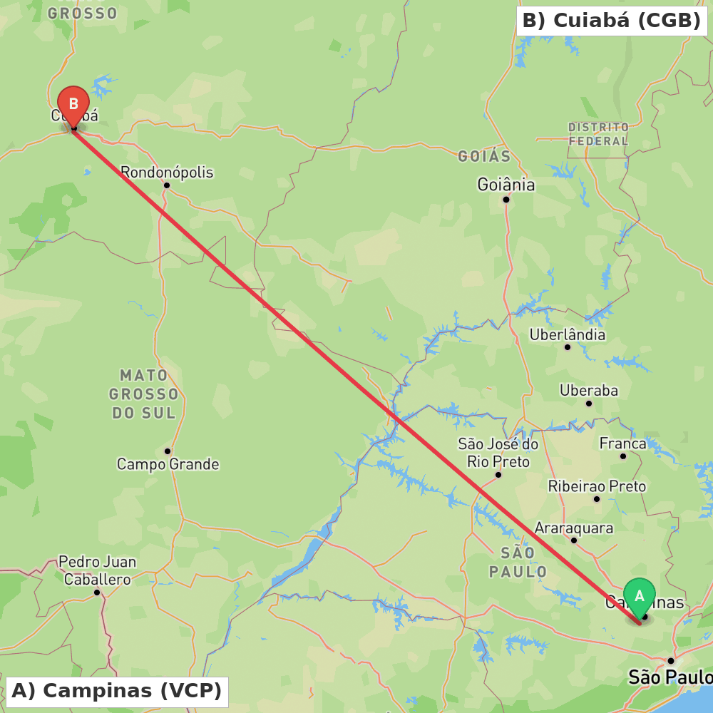 Flight route map from Campinas to Cuiabá