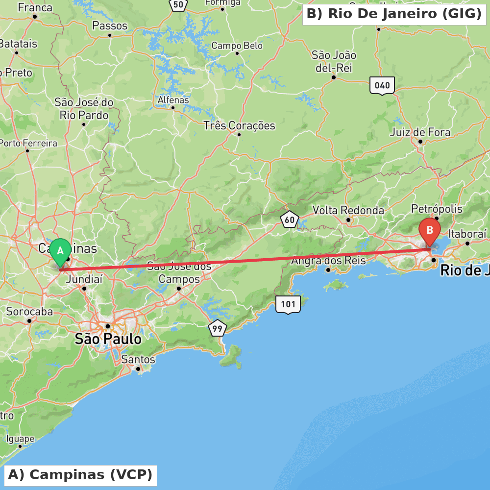 Flight route map from Campinas to Rio De Janeiro