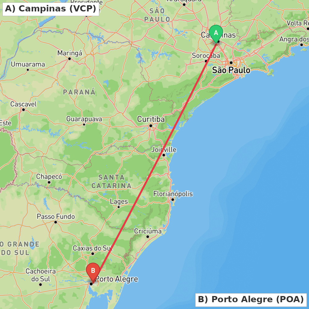 Flight route map from Campinas to Porto Alegre