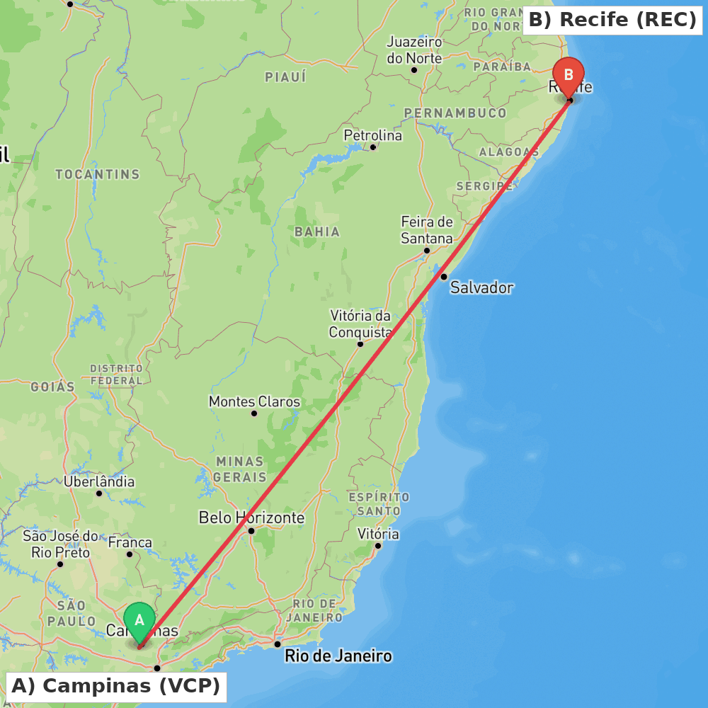 Flight route map from Campinas to Recife