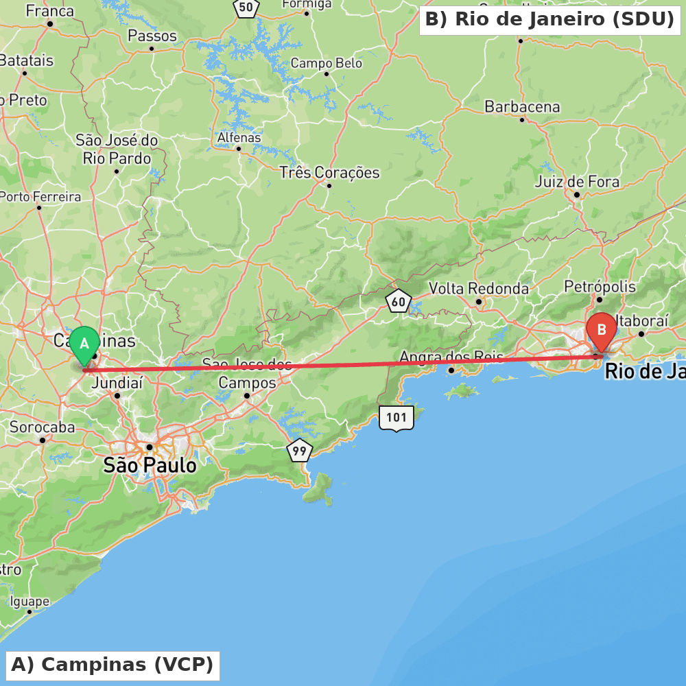 Flight route map from Campinas to Rio de Janeiro