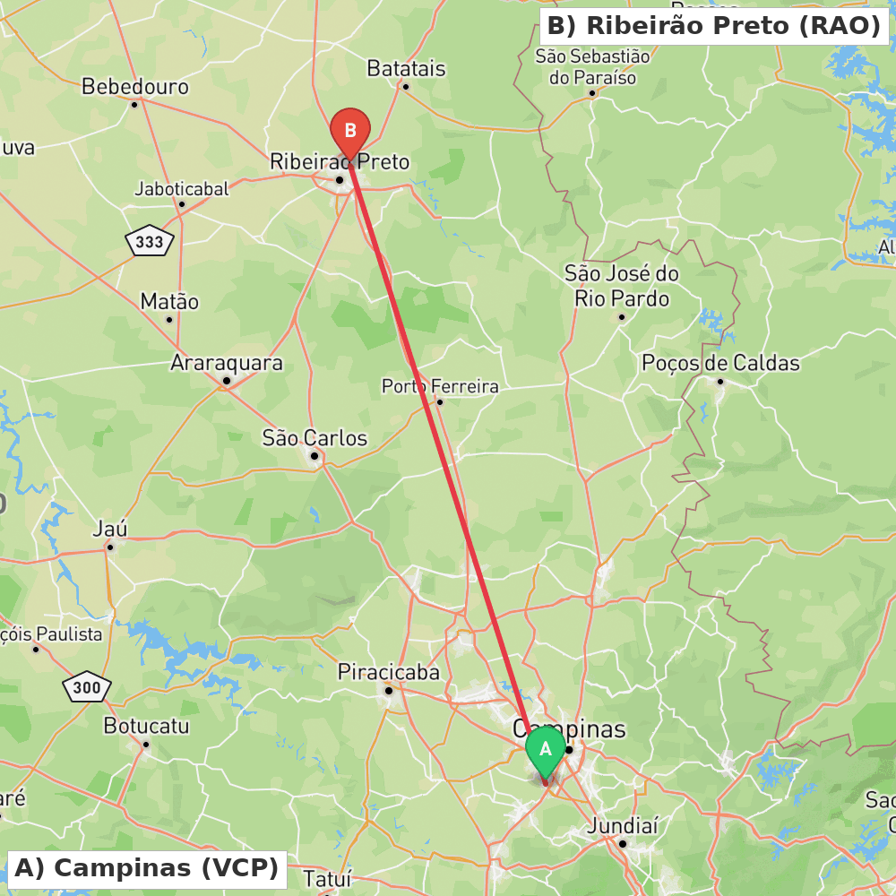 Flight route map from Campinas to Ribeirão Preto