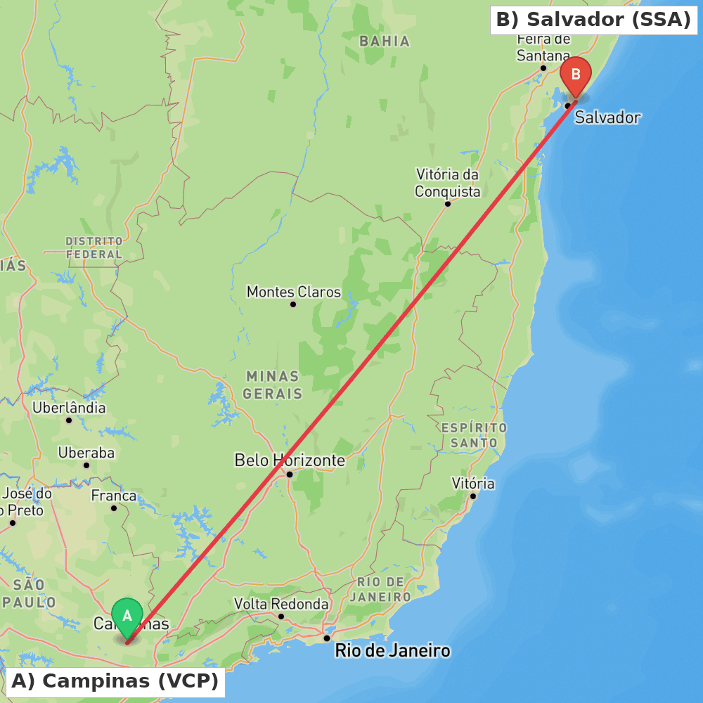 Flight route map from Campinas to Salvador