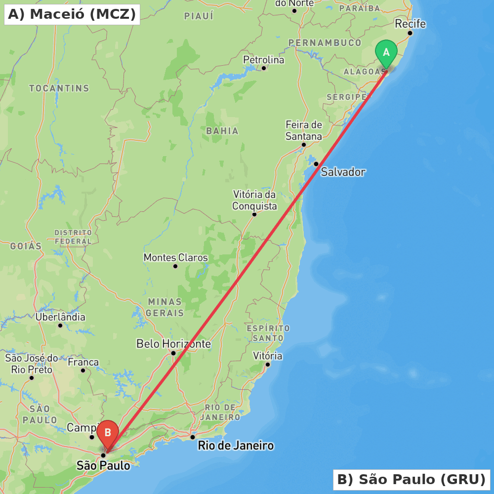 Flight route map from Maceió to São Paulo