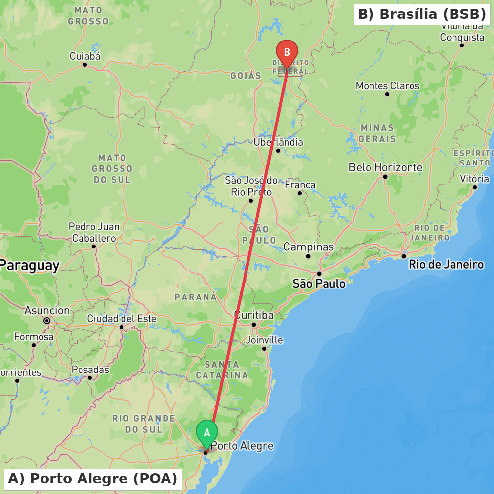 Flight route map from Porto Alegre to Brasília
