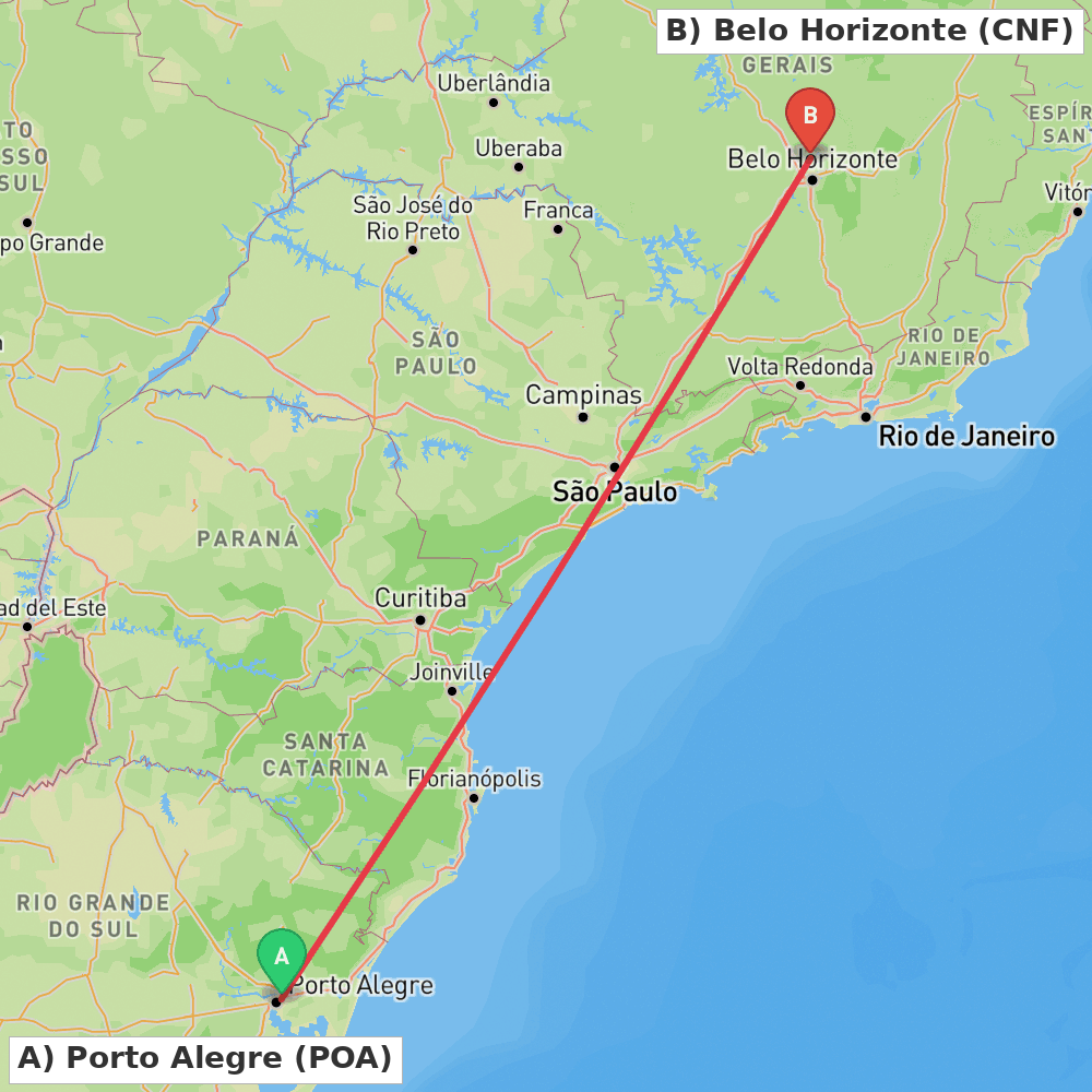 Flight route map from Porto Alegre to Belo Horizonte