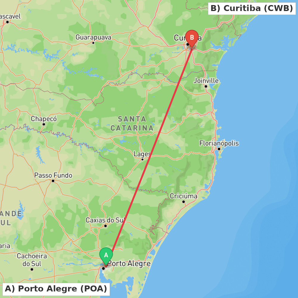 Flight route map from Porto Alegre to Curitiba