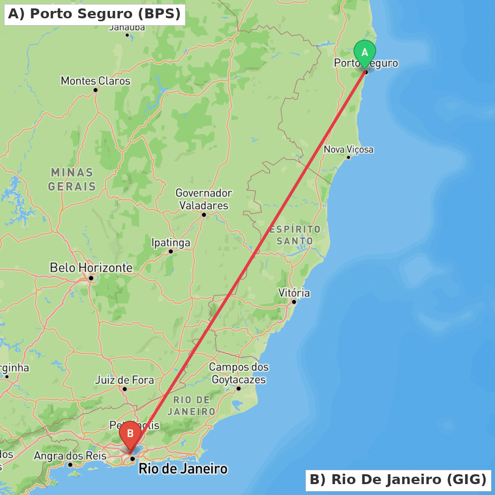 Flight route map from Porto Seguro to Rio De Janeiro
