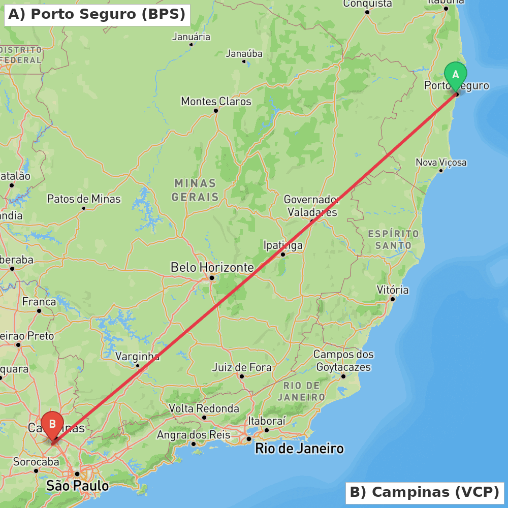 Flight route map from Porto Seguro to Campinas