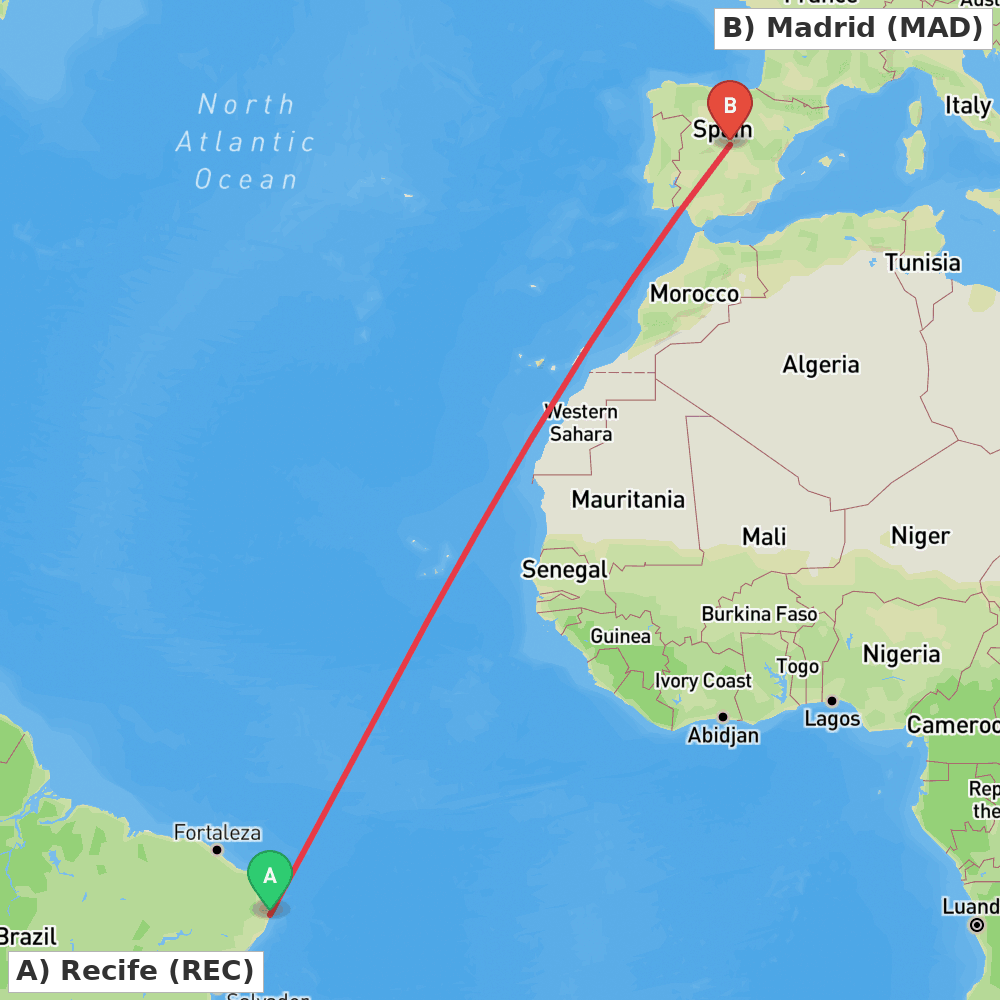 Flight route map from Recife to Madrid