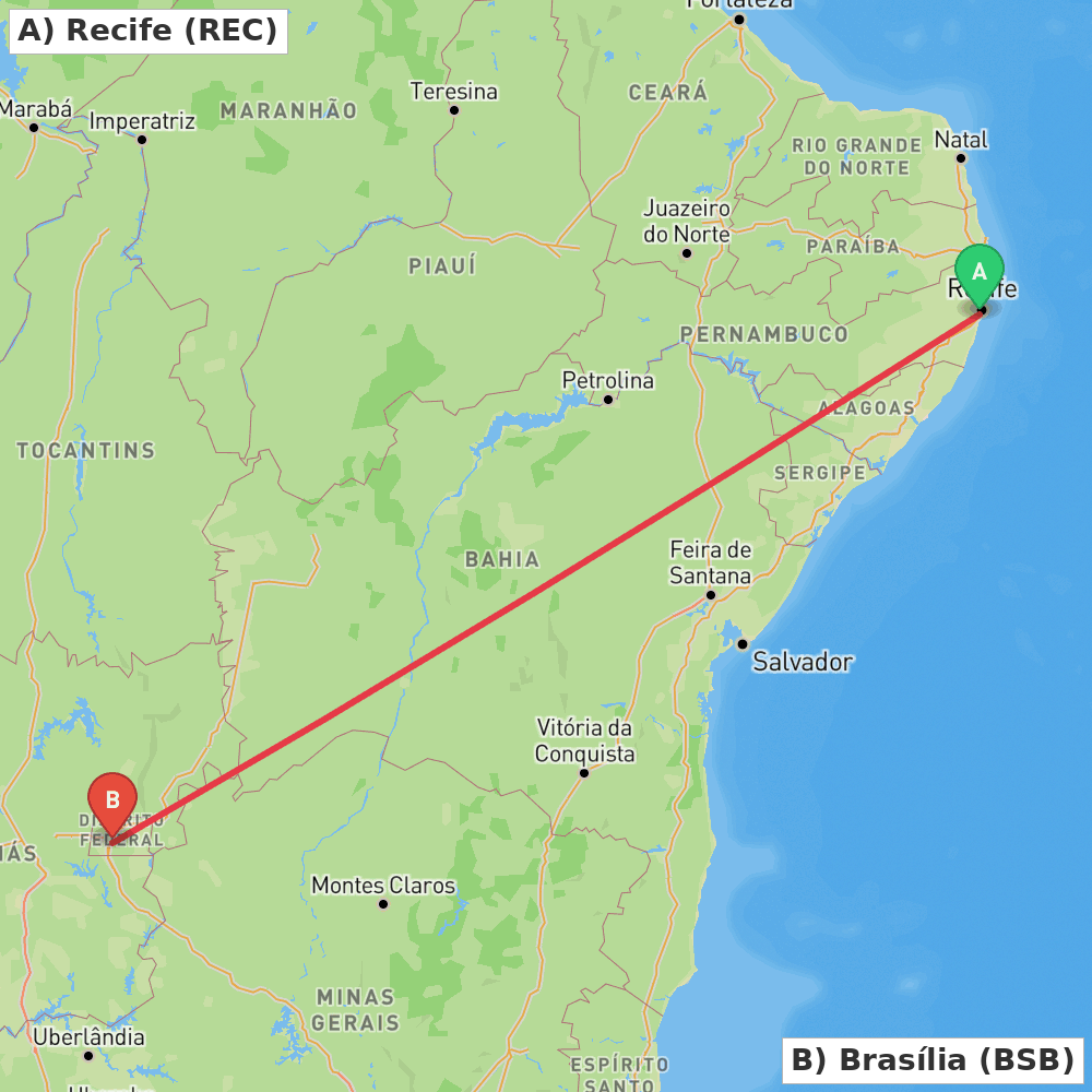 Flight route map from Recife to Brasília