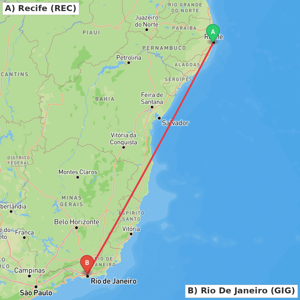 Flight route map from Recife to Rio De Janeiro