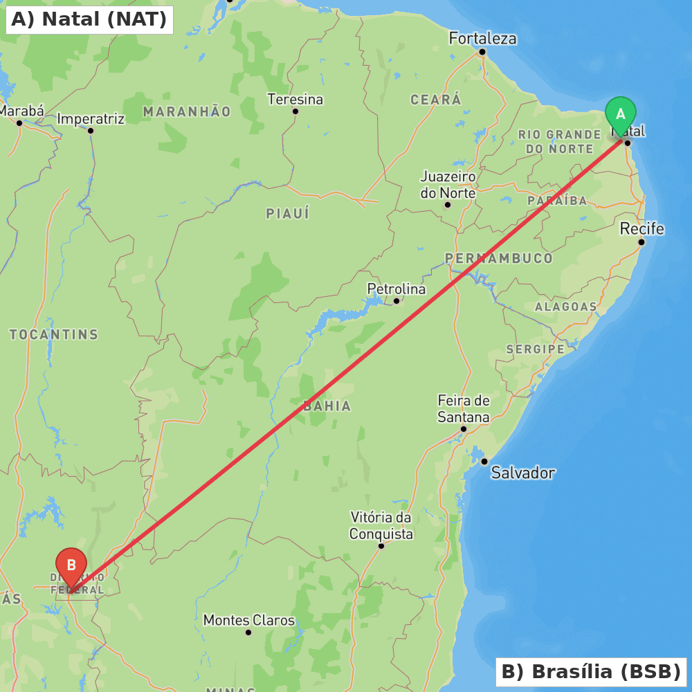 Flight route map from Natal to Brasília