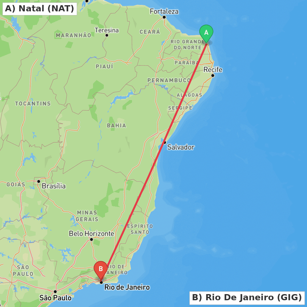 Flight route map from Natal to Rio De Janeiro