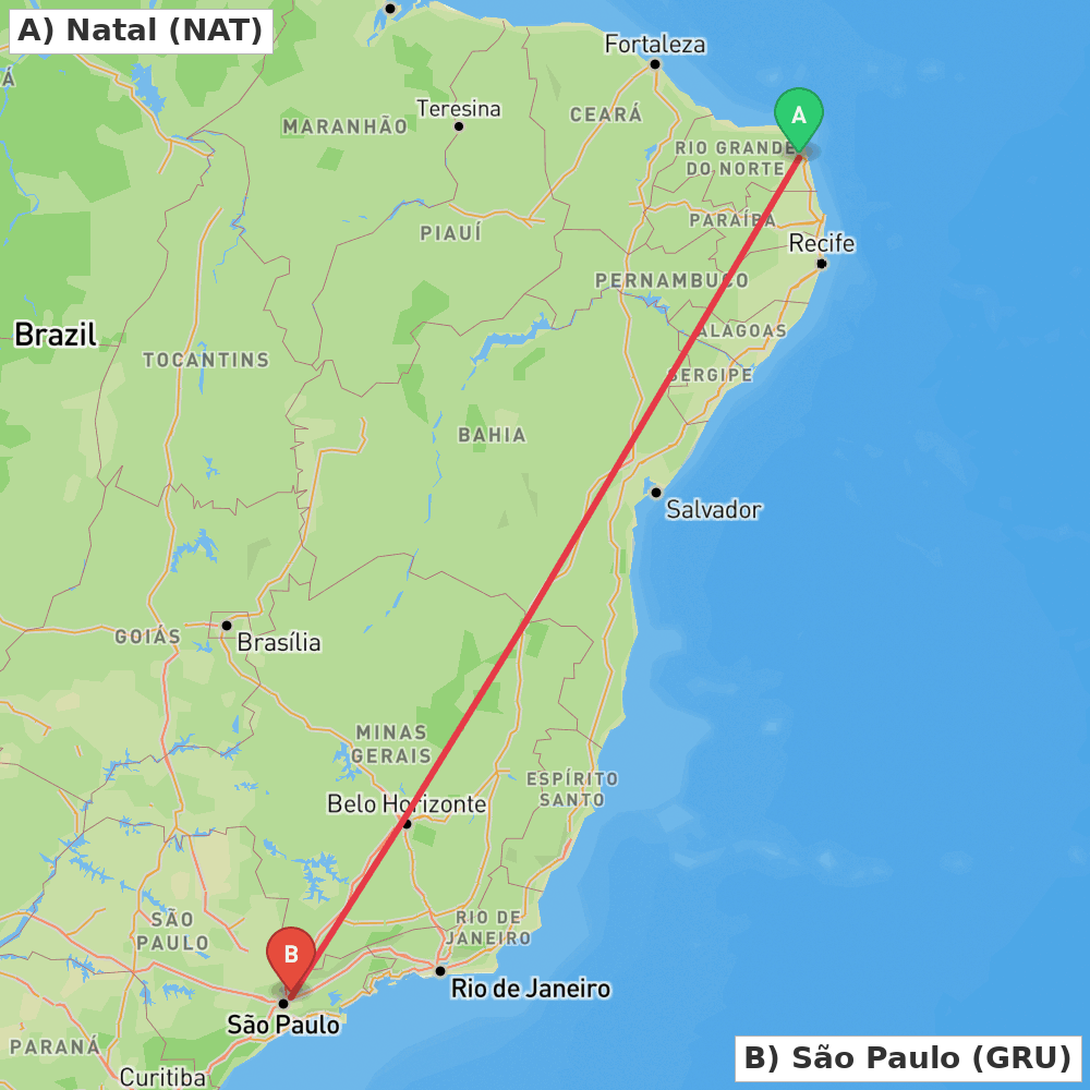 Flight route map from Natal to São Paulo