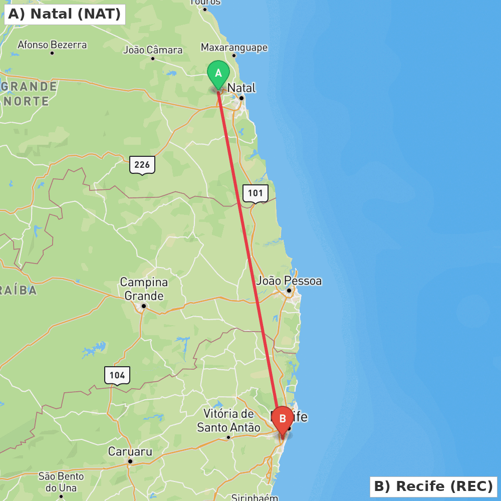 Flight route map from Natal to Recife