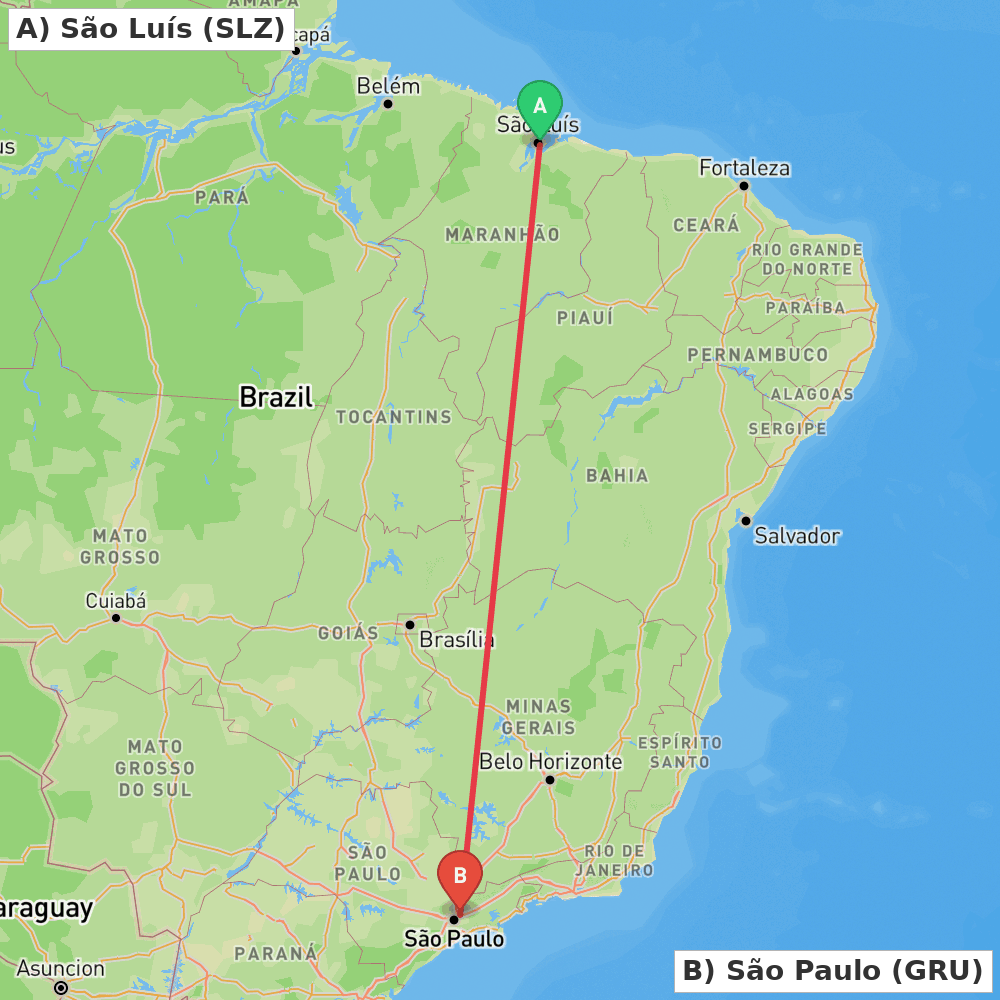 Flight route map from São Luís to São Paulo