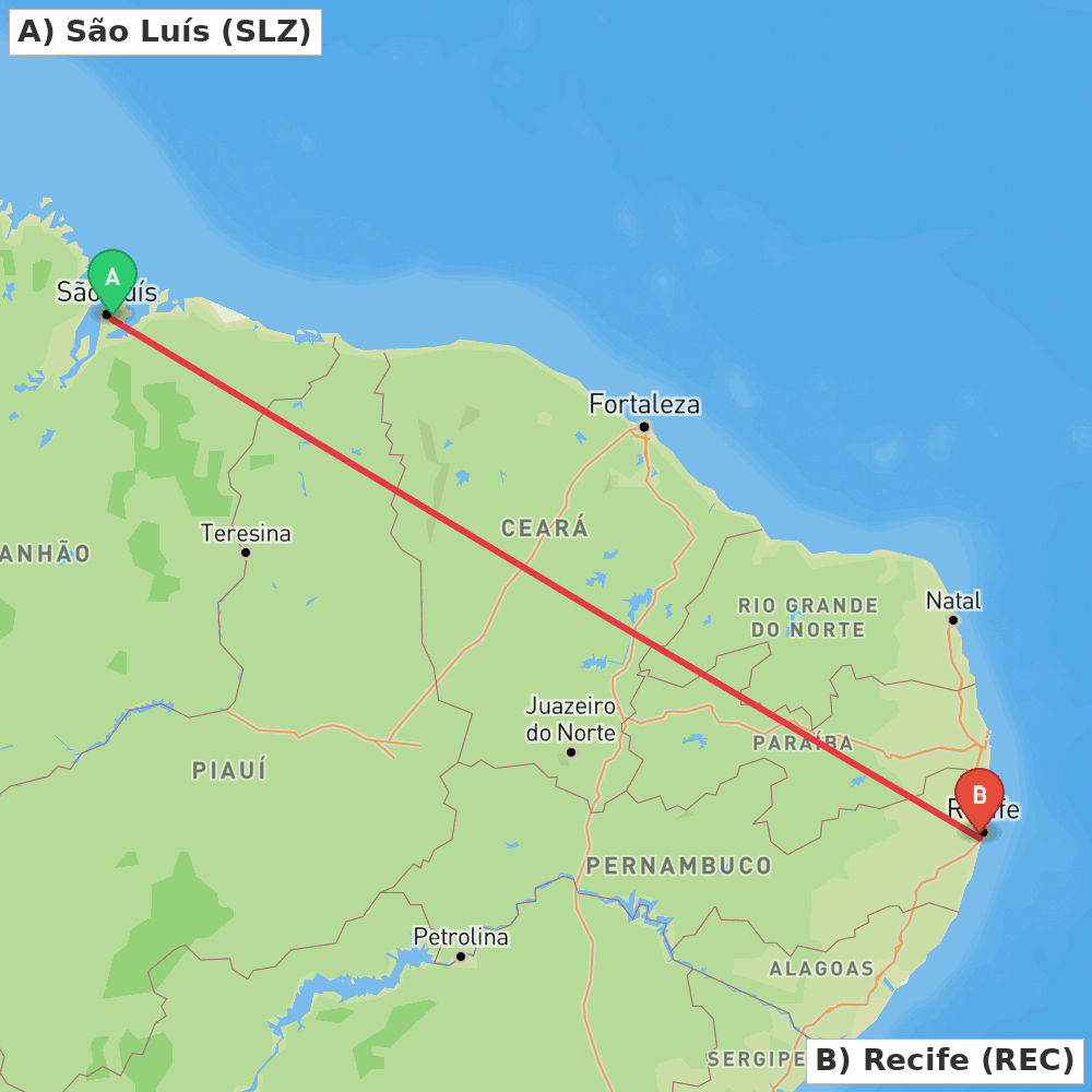 Flight route map from São Luís to Recife