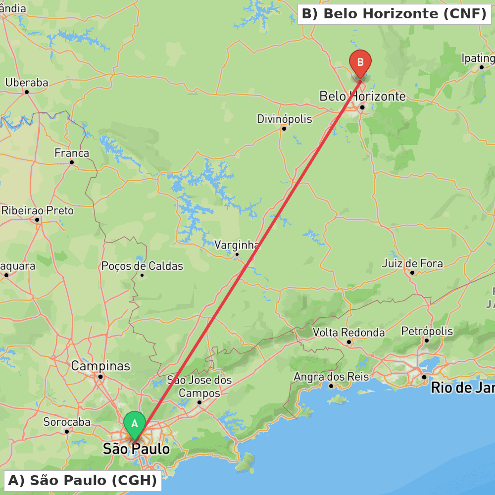 Flight route map from São Paulo to Belo Horizonte