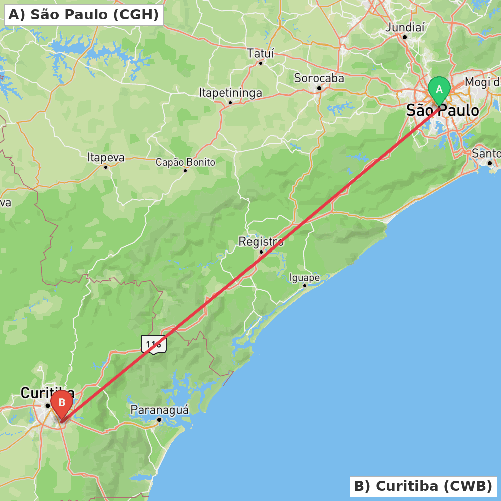Flight route map from São Paulo to Curitiba
