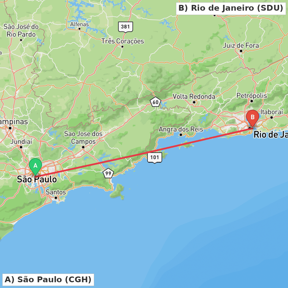 Flight route map from São Paulo to Rio de Janeiro