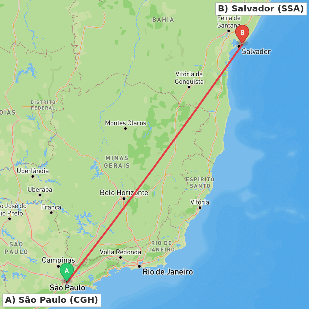 Flight route map from São Paulo to Salvador
